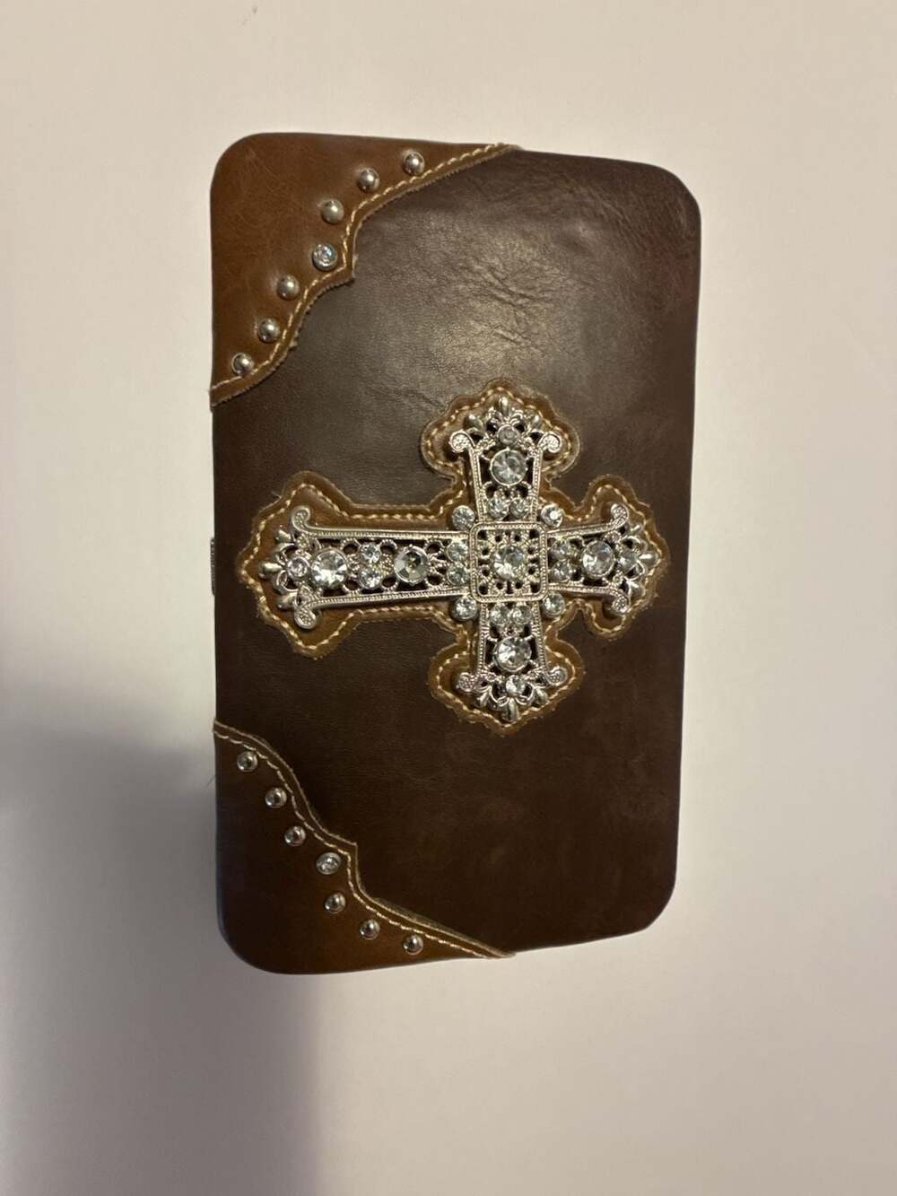 Country Road Brown Faux Leather Rhinestone Cross Bible Cover Wallet